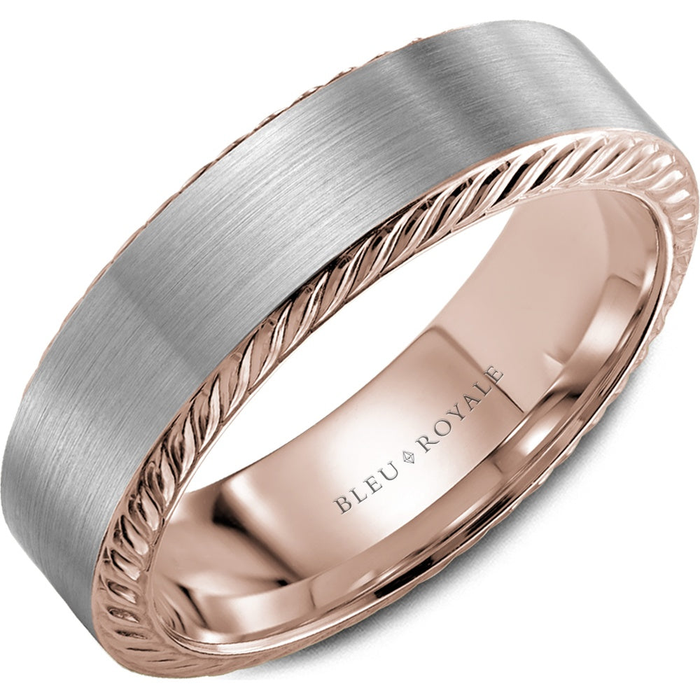 Bleu Royale Men's Wedding Band - 14K Two-Tone Gold with Brushed White Gold Center and Rope-Textured Rose Gold Edges - 6.5mm Width from the Legacy Collection