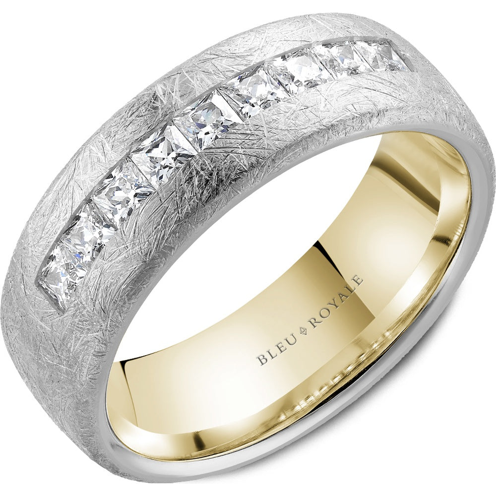 Bleu Royale Men's Wedding Band - 14K White Gold and Yellow Gold with Channel-Set Princess Cut Diamonds - 0.91 Carat Total Diamond Weight - 7.5mm Width from the Diamond Collection