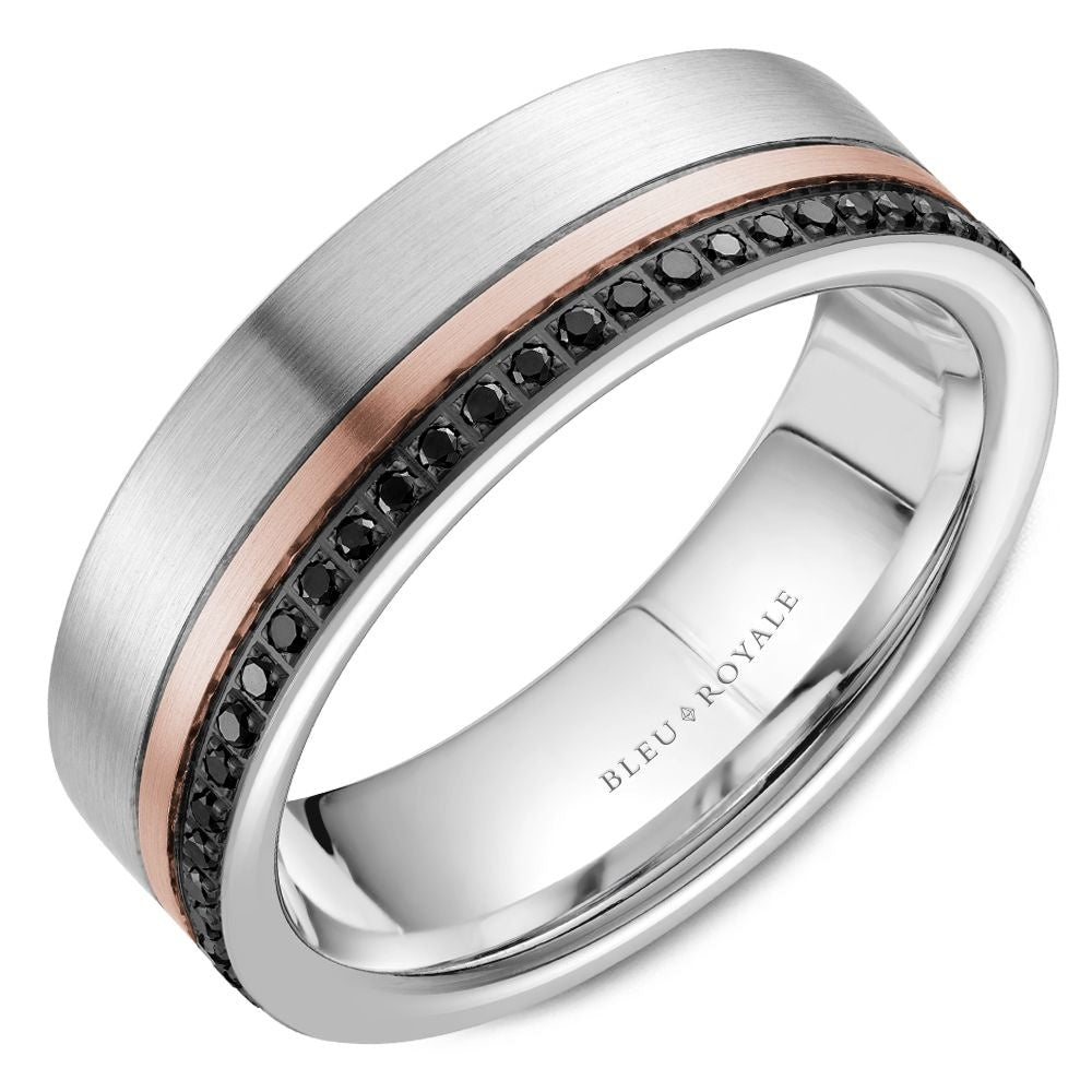 Bleu Royale Men's Wedding Band - 14K White Gold and Rose Gold with Channel-Set Round Black Diamonds - 0.36 Carat Total Diamond Weight - 7mm Width from the Diamond Collection