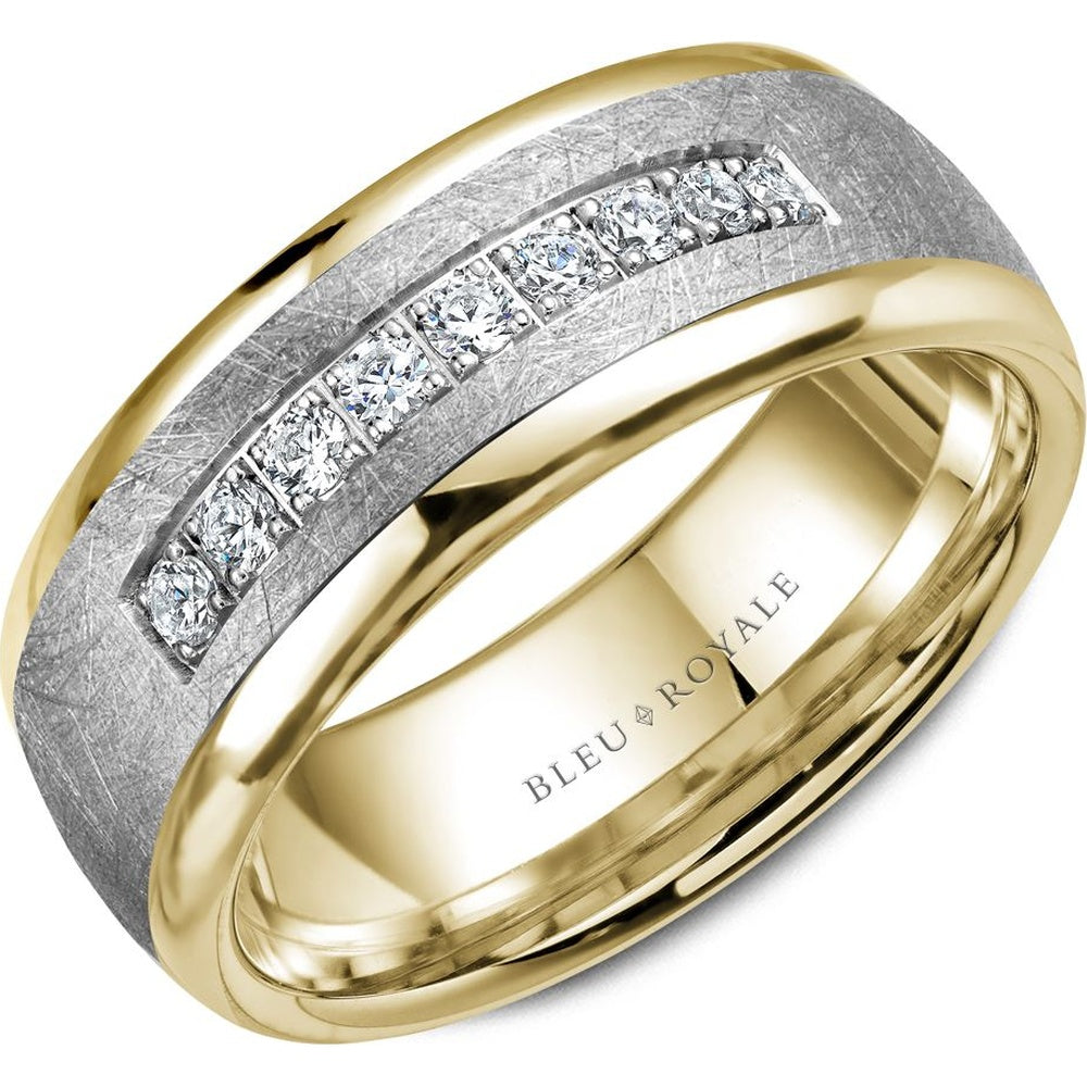 Bleu Royale Men's Wedding Band - 14K White Gold and Yellow Gold with Channel-Set Round Diamonds and Brushed Center- 0.45 Carat Total Diamond Weight - 7.5mm Width from the Diamond Collection