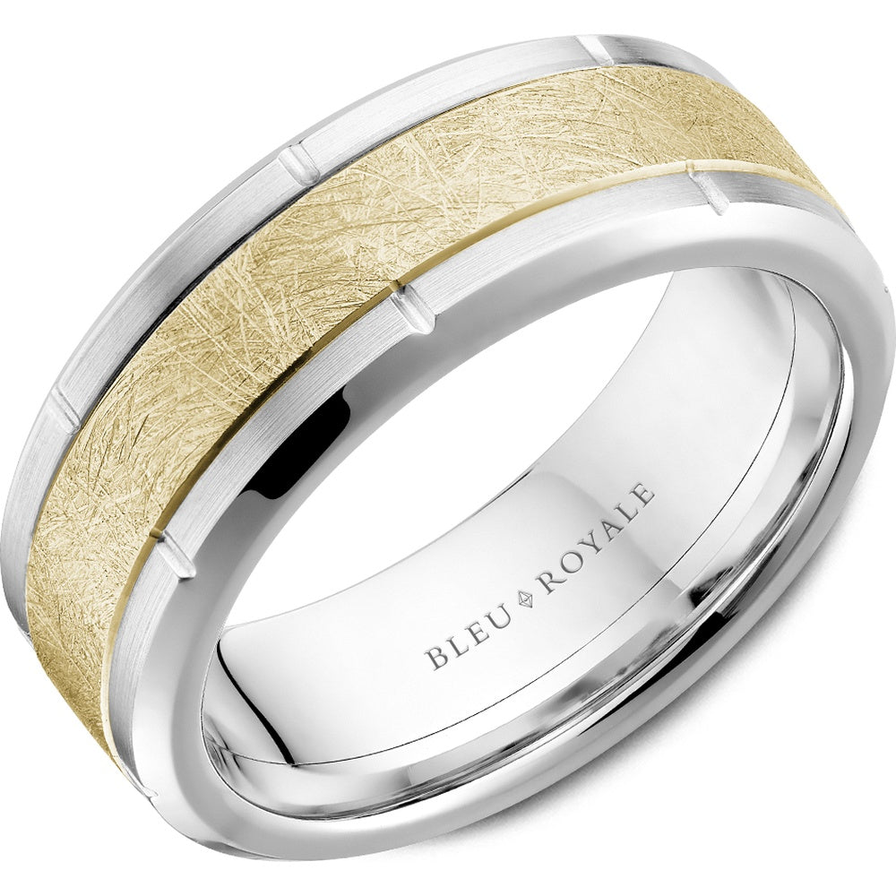 Bleu Royale Men's Wedding Band - 14K Yellow Gold and White Gold with Diamond Brush Center and Beveled Edges - 8mm Width from the Legacy Collection