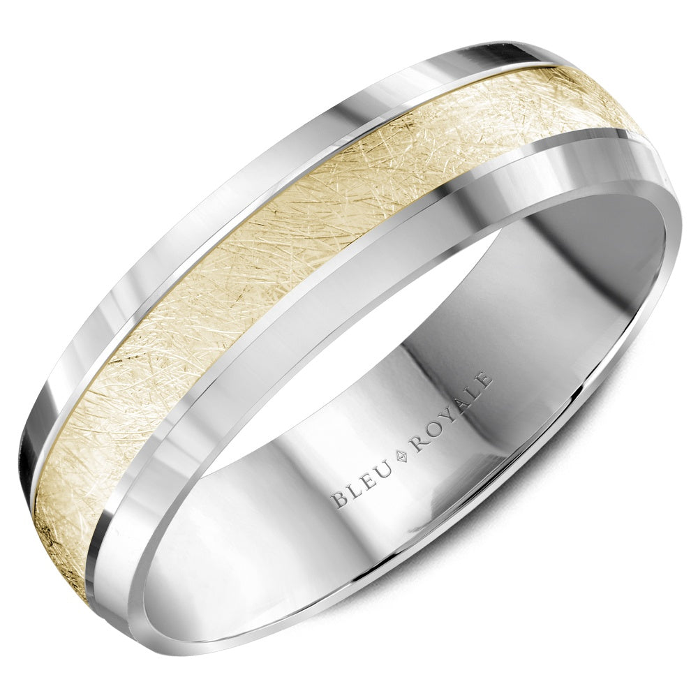 Bleu Royale Men's Wedding Band - 14K Yellow Gold and White Gold with Diamond Brush Center and High Polish Sides - 6mm Width from the Legacy Collection