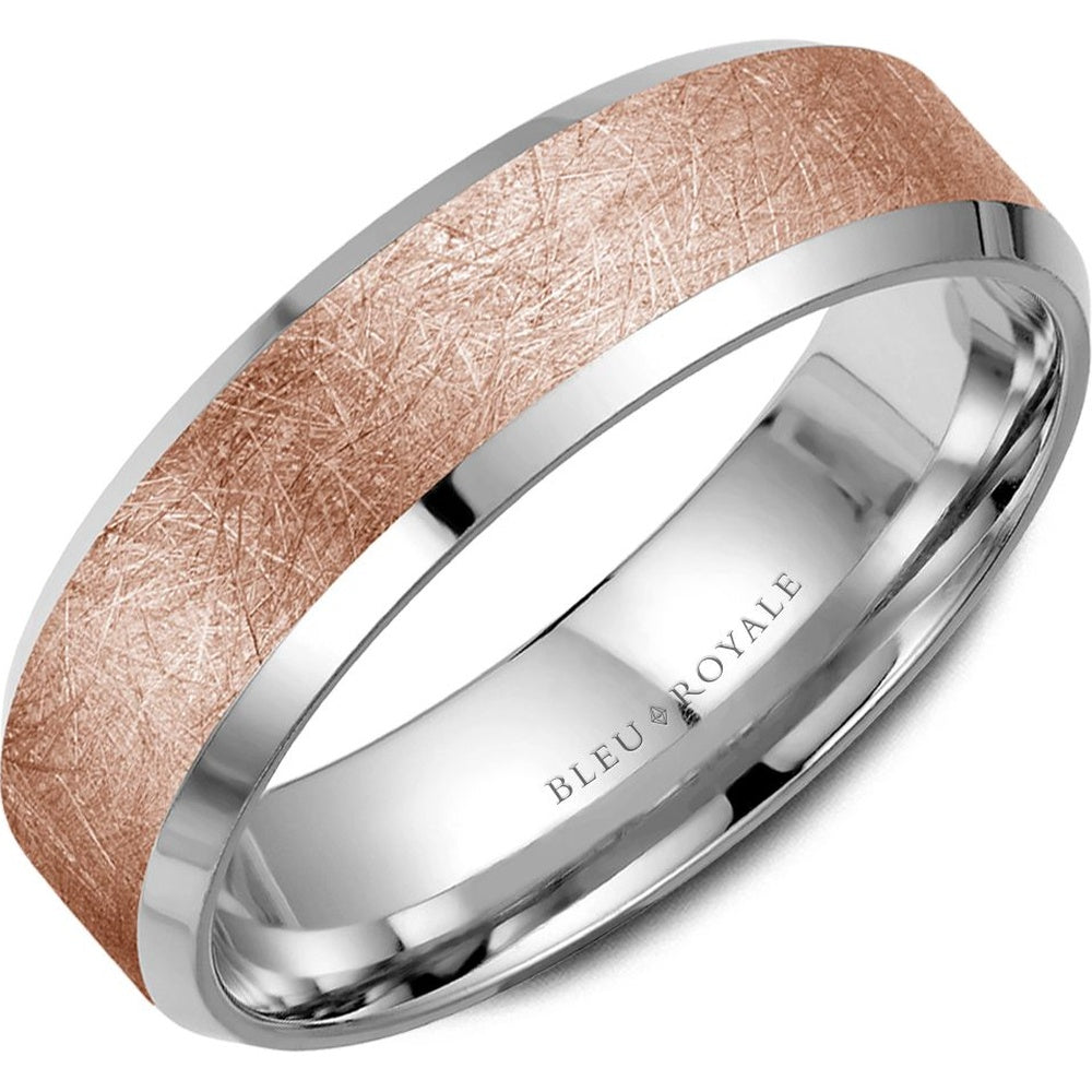 Bleu Royale Men's Wedding Band - 14K Rose Gold and White Gold with Diamond Brush Finish and High Polish Bevels - 6mm Width from the Legacy Collection