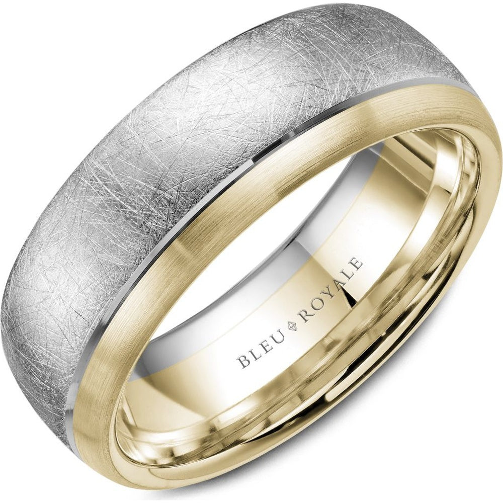 Bleu Royale Men's Wedding Band - 14K White Gold and Yellow Gold with Diamond Brushed and Sandpaper Finish - 7.5mm Width from the Legacy Collection