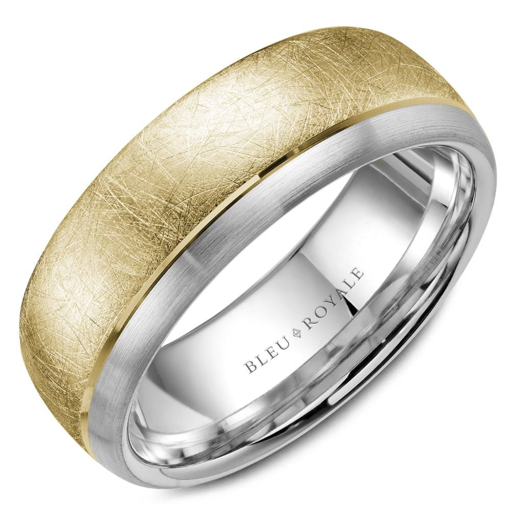 Bleu Royale Men's Wedding Band - 14K Yellow Gold and White Gold with Diamond Brushed and Sandpaper Finish - 7.5mm Width from the Legacy Collection