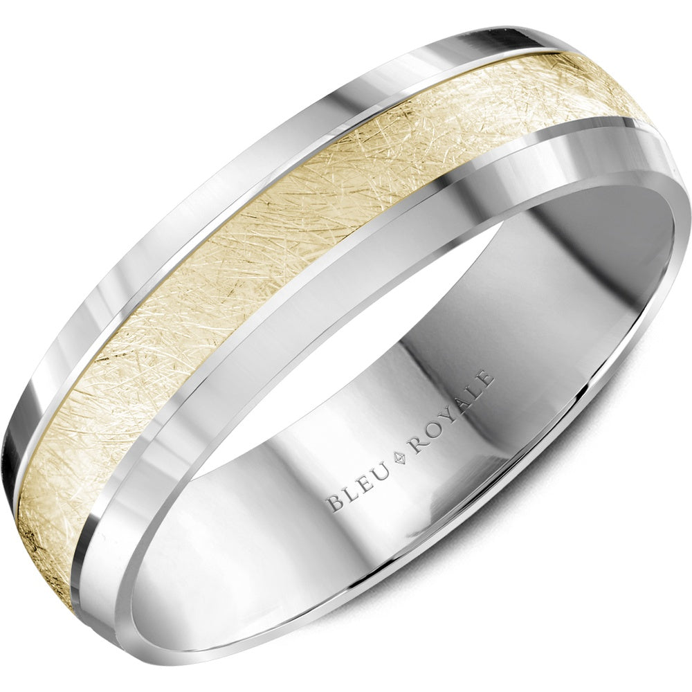 Bleu Royale Men's Wedding Band - 14K Yellow Gold and White Gold with Diamond-Brushed Center and High-Polish Sides - 6mm Width from the Legacy Collection