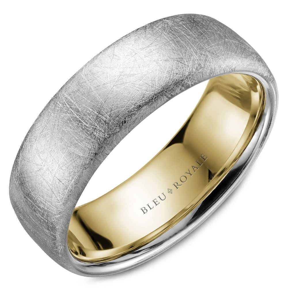 Bleu Royale Men's Wedding Band - 14K White Gold and Yellow Gold with Diamond Brushed Finish - 7.5mm Width from the Legacy Collection