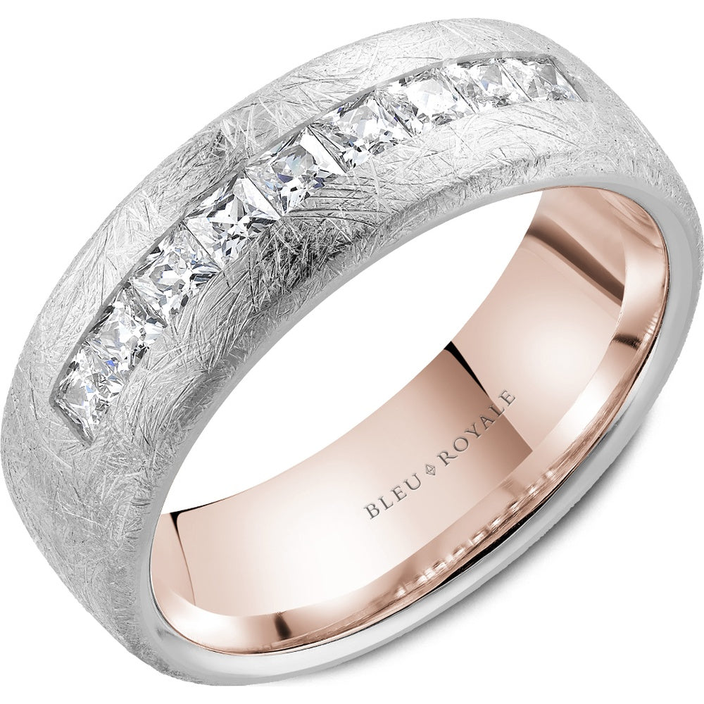 Bleu Royale Men's Wedding Band - 14K White Gold and Rose Gold with Diamond Brushed Finish and Channel-Set Princess Cut Diamonds - 0.91 Carat Total Diamond Weight - 7.5mm Width from the Diamond Collection