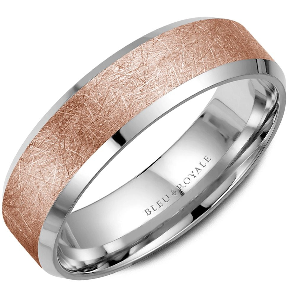 Bleu Royale Men's Wedding Band - 14K Two-Tone Gold with Diamond Brushed Rose Gold Center and High Polish White Gold Bevels- Size 10 - 6mm Width from the Legacy Collection