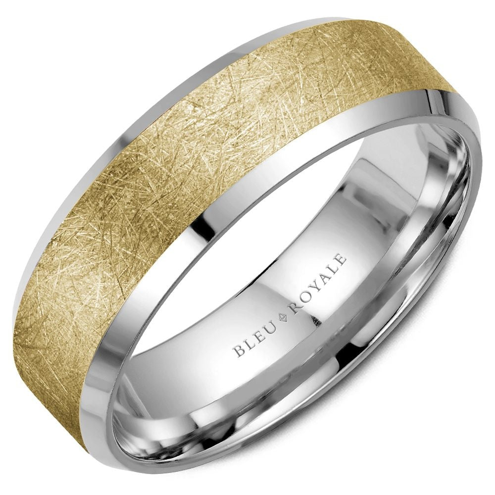 Bleu Royale Men's Wedding Band - 14K Two-Tone Gold with Diamond-Brushed Yellow Gold Center and High-Polish White Gold Edges - 7mm Width from the Legacy Collection
