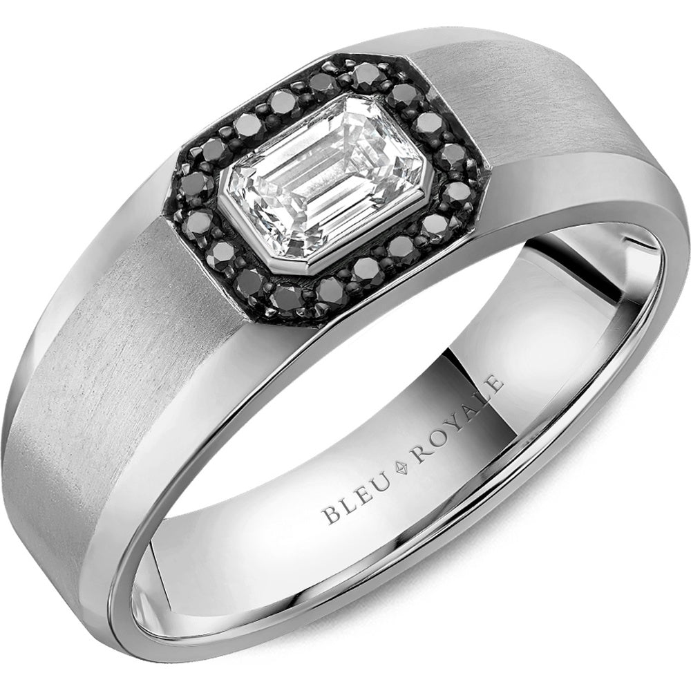 Bleu Royale Men's Wedding Band - 14K White Gold with Emerald-Cut Center Diamond and Black Diamond Halo- 0.63 Carat Total Diamond Weight - 8mm Width from the Diamond Collection