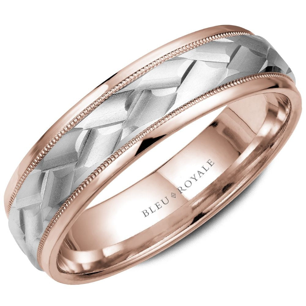 Bleu Royale Men's Wedding Band - 14K White Gold and Rose Gold with Frosted Center and High Polish Edges - 6.5mm Width from the Legacy Collection