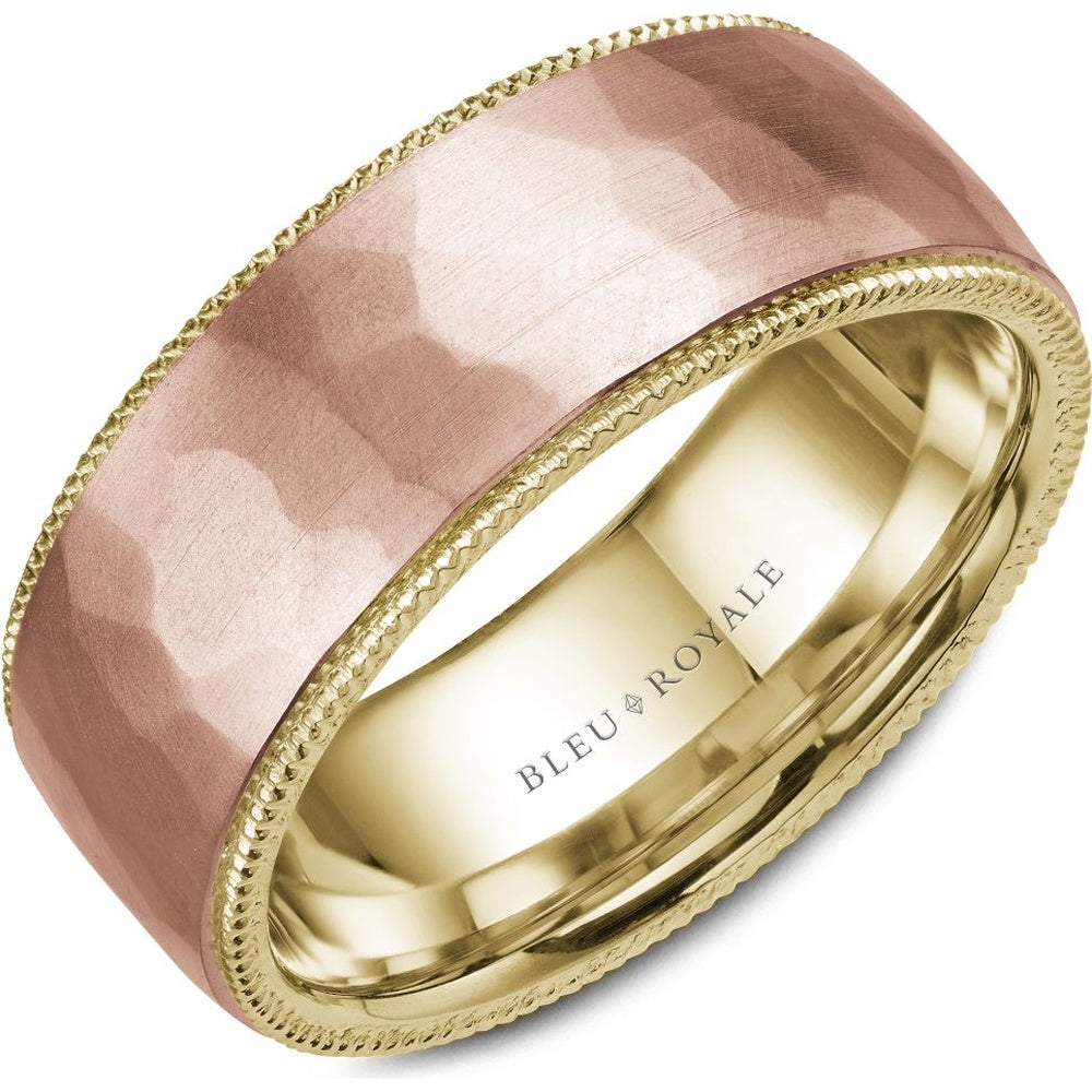 Bleu Royale Men's Wedding Band - 14K Rose Gold and Yellow Gold with Frosted Hammered Center and Milgrain Polished Edges - 8.5mm Width from the Legacy Collection