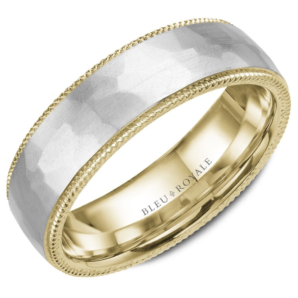Bleu Royale Men's Wedding Band - 14K White Gold and Yellow Gold with Frosted Top and Milgrain Edges - 6mm Width from the Legacy Collection