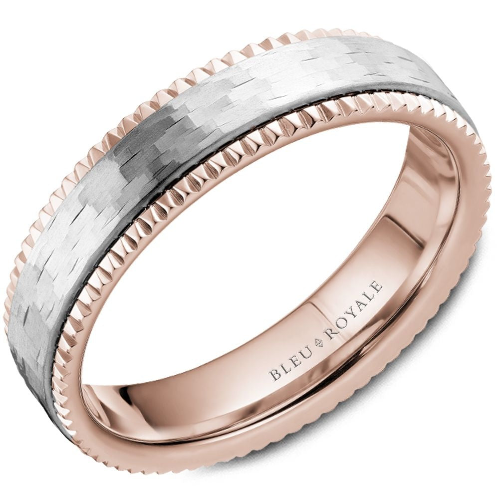 Bleu Royale Men's Wedding Band - 14K Two-Tone Gold with Frosted White Center and High-Polish Rose Gold Edges- Sizes 3-16 - 6mm Width from the Legacy Collection