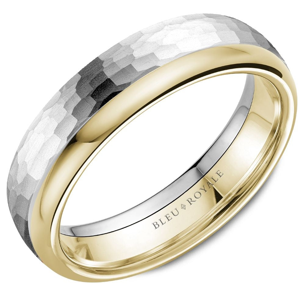 Bleu Royale Men's Wedding Band - 14K White Gold and Yellow Gold with Hammered and High Polish Finish - 6mm Width from the Legacy Collection