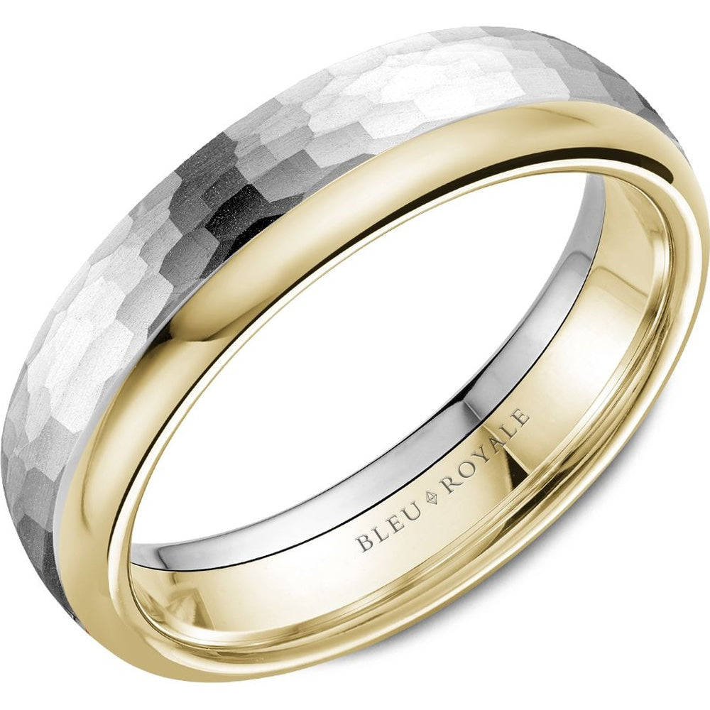 Bleu Royale Men's Wedding Band - 14K White Gold and Yellow Gold with Hammered and High Polish Finish,- Special Order Sizes Available - 6mm Width from the Legacy Collection