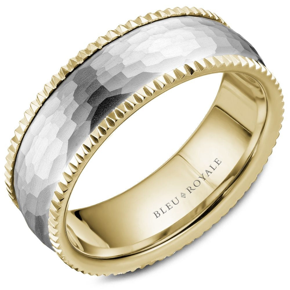 Bleu Royale Men's Wedding Band - 14K White Gold and Yellow Gold with Hammered Frosted Center and Polished Ribbed Edges - 7.5mm Width from the Legacy Collection