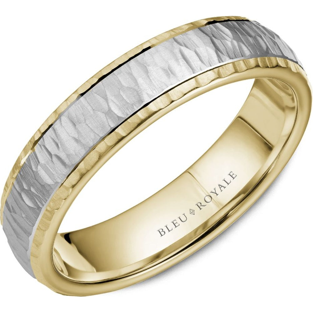 Bleu Royale Men's Wedding Band - 14K Two-Tone Gold with Hammered White Gold Center and High Polish Yellow Gold Edges - 5.5mm Width from the Legacy Collection