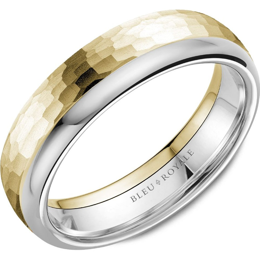 Bleu Royale Men's Wedding Band - 14K Two-Tone Gold with Hammered Yellow Gold Exterior and High Polish White Gold Interior - 6mm Width from the Legacy Collection