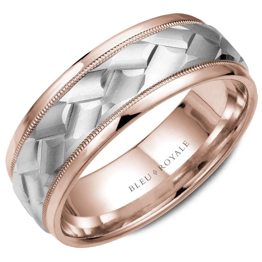 Bleu Royale Men's Wedding Band - 14K Two-Tone Gold with Hard Frosted Faceted Center and High Polish Rose Gold Edges - 8.5mm Width from the Legacy Collection