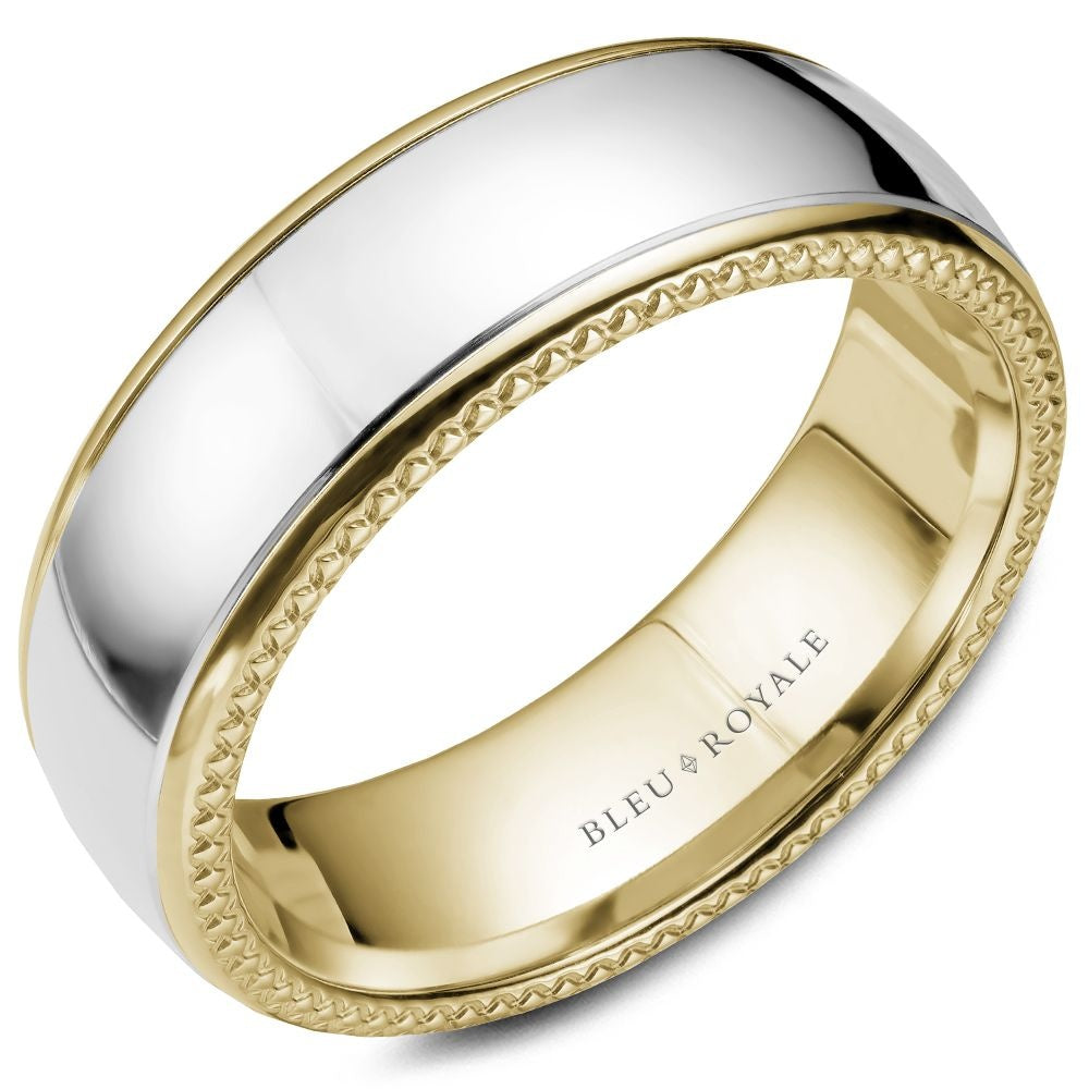 Bleu Royale Men's Wedding Band - 14K White Gold and Yellow Gold with Milgrain Edges and High Polish Finish - 7.5mm Width from the Legacy Collection
