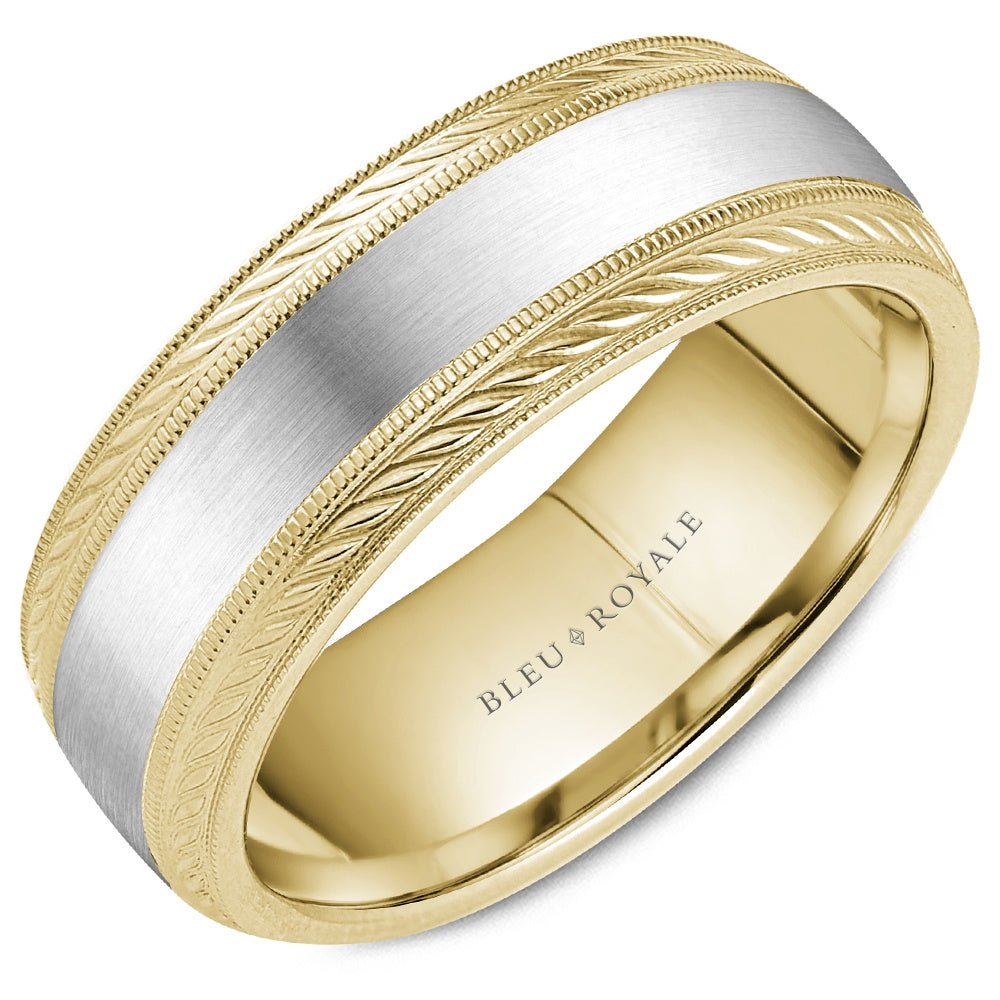 Bleu Royale Men's Wedding Band - 14K White Gold and Yellow Gold with Sandpaper Center and Braided Polished Edges - 8mm Width from the Legacy Collection