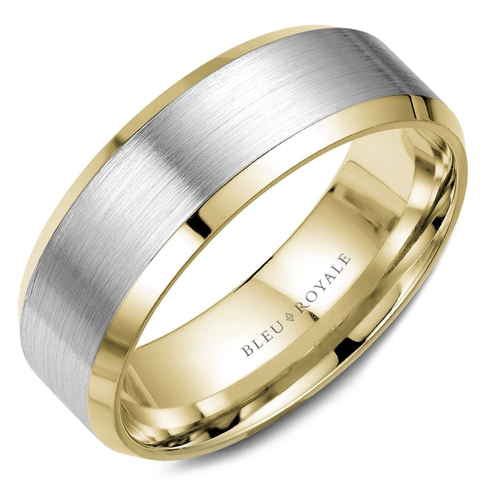 Bleu Royale Men's Wedding Band - 14K White Gold and Yellow Gold with Sandpaper Center and High Polish Bevels - 7.5mm Width from the Legacy Collection