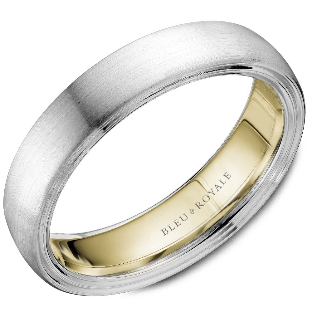 Bleu Royale Men's Wedding Band - 14K White Gold and Yellow Gold with Sandpaper Center and High Polish Edges - 4mm Width from the Legacy Collection