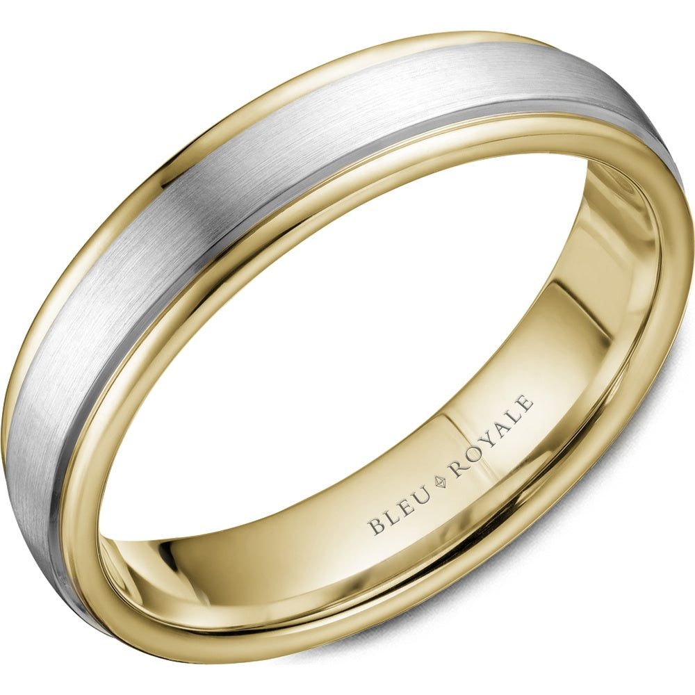 Bleu Royale Men's Wedding Band - 14K White Gold and Yellow Gold with Sandpaper Center and High Polish Edges - 5.5mm Width from the Legacy Collection