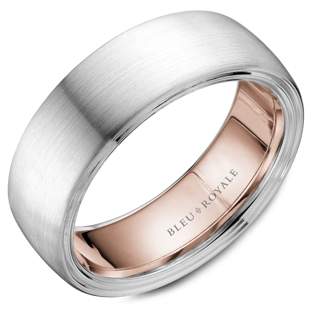 Bleu Royale Men's Wedding Band - 14K White Gold and Rose Gold with Sandpaper Center and High Polish Edges - 7.5mm Width from the Legacy Collection