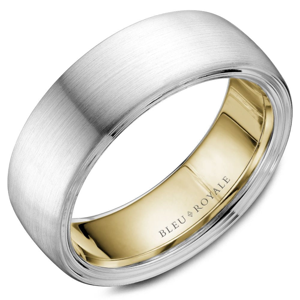 Bleu Royale Men's Wedding Band - 14K White Gold and Yellow Gold with Sandpaper Center and High Polish Edges - 7.5mm Width from the Legacy Collection