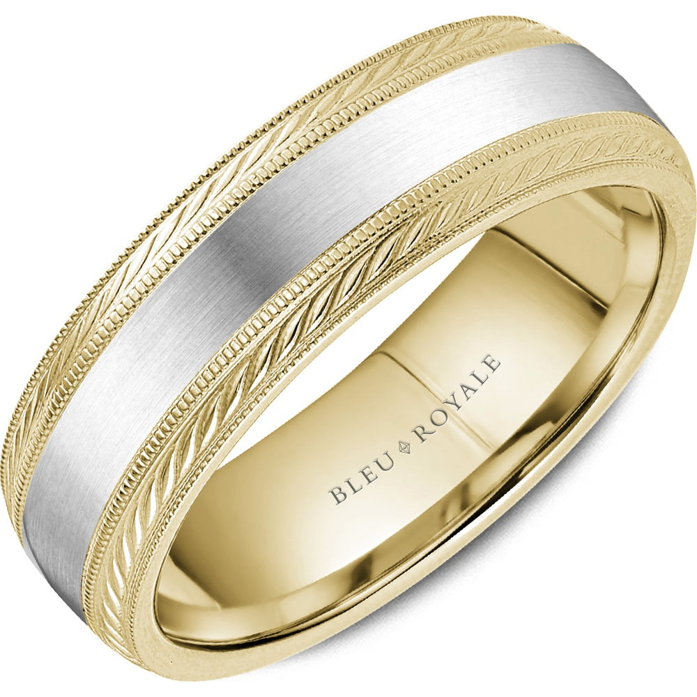 Bleu Royale Men's Wedding Band - 14K White Gold and Yellow Gold with Sandpaper Center and High Polish Milgrain Edges - 6.5mm Width from the Legacy Collection