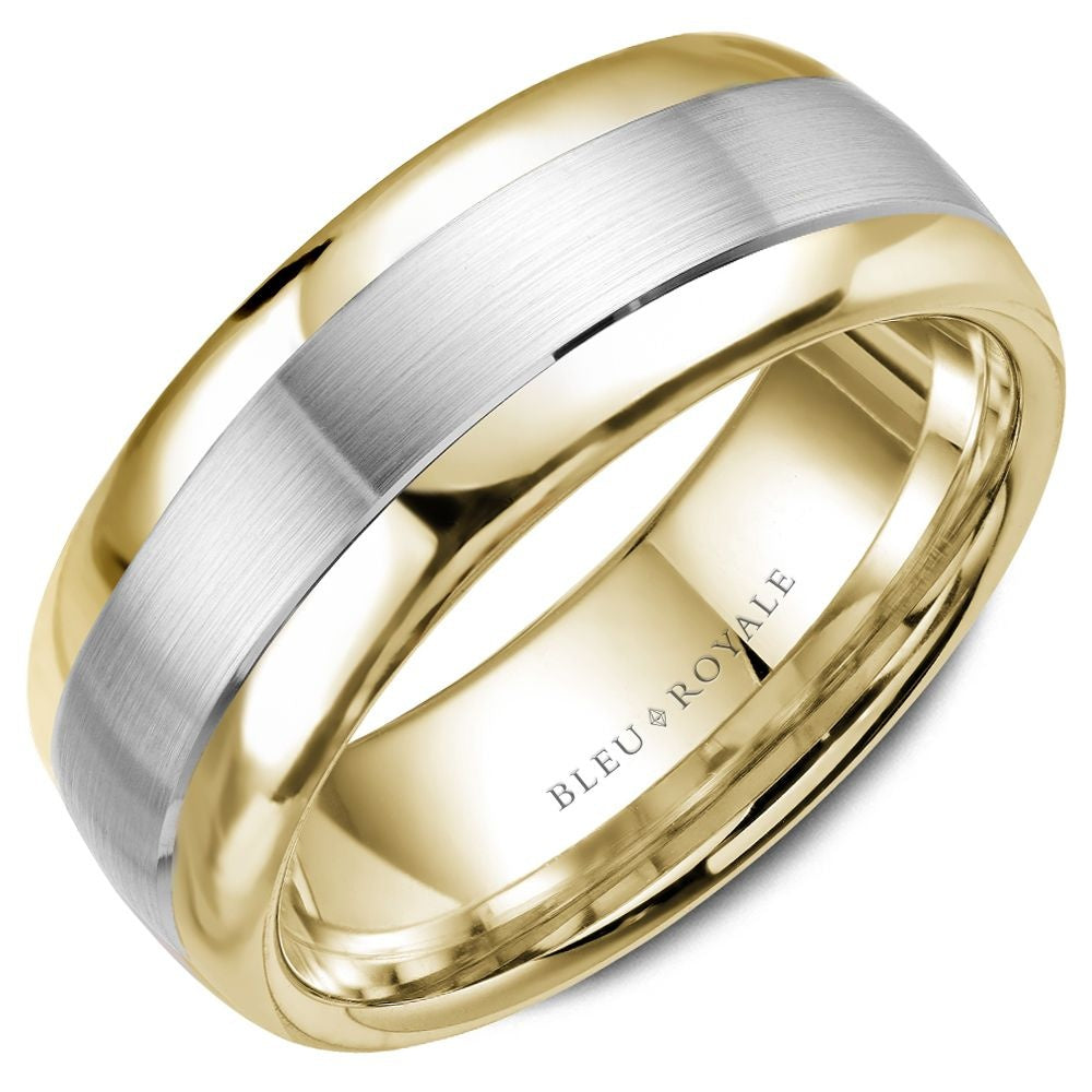 Bleu Royale Men's Wedding Band - 14K White Gold and Yellow Gold with Sandpaper Center and High Polish Sides - 7.5mm Width from the Legacy Collection