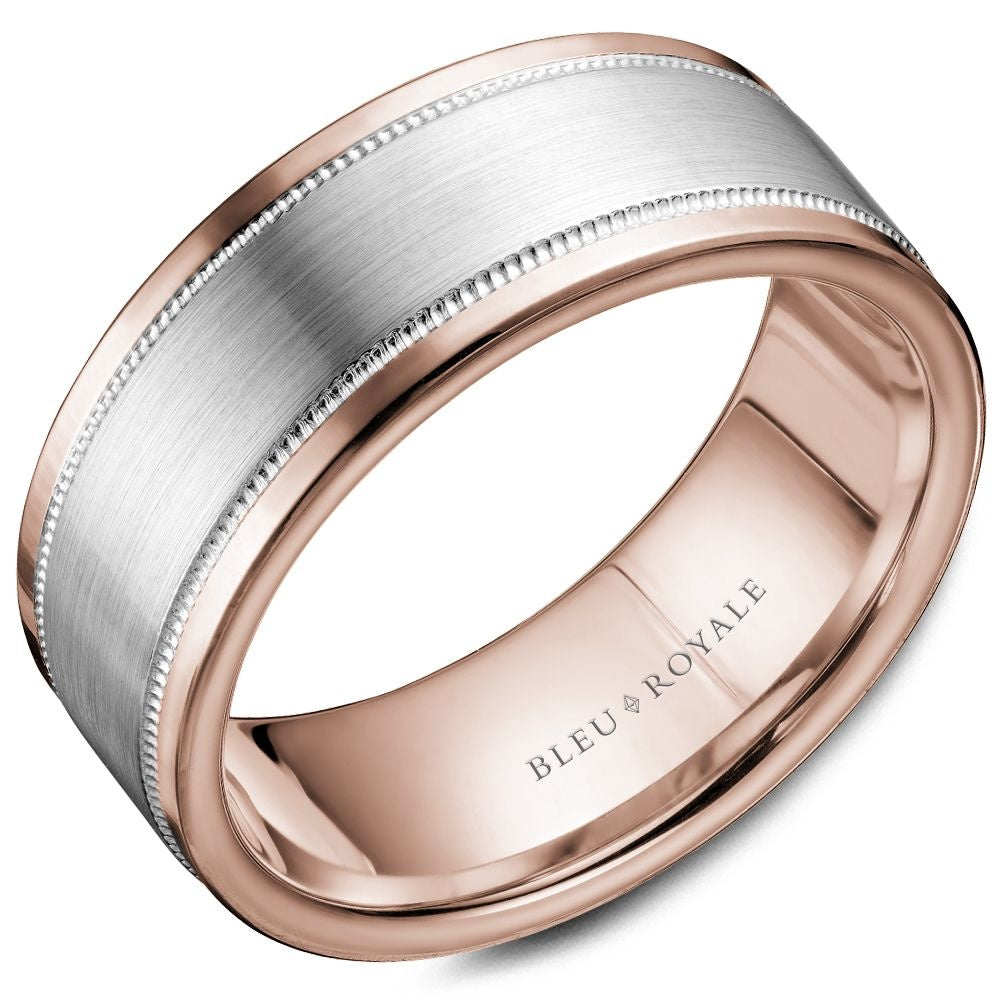 Bleu Royale Men's Wedding Band - 14K White Gold and Rose Gold with Sandpaper Center and Milgrain Edges - 8.5mm Width from the Legacy Collection