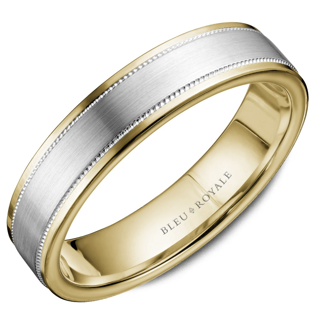 Bleu Royale Men's Wedding Band - 14K White Gold and Yellow Gold with Sandpaper Finish and Milgrain Edges - 6mm Width from the Legacy Collection