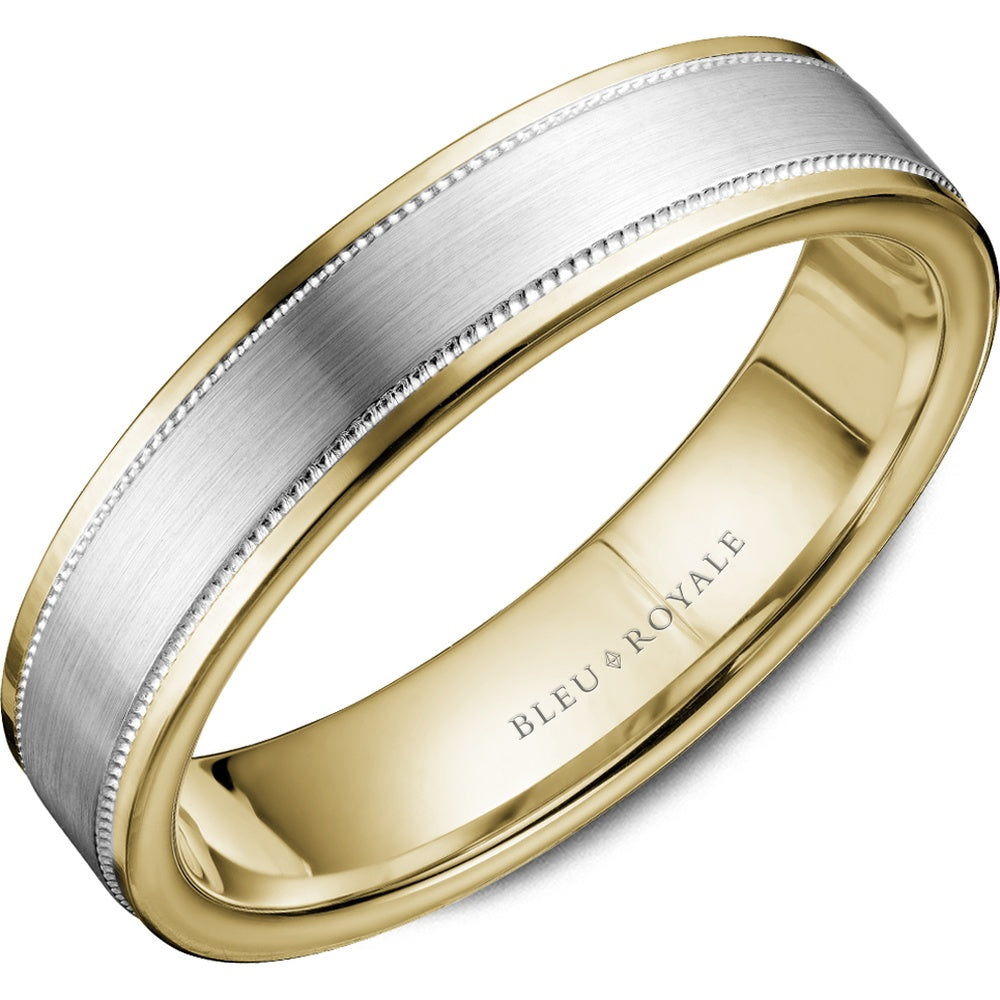 Bleu Royale Men's Wedding Band - 14K White Gold and Yellow Gold with Sandpaper Finish and Milgrain Edges - 6mm Width from the Legacy Collection