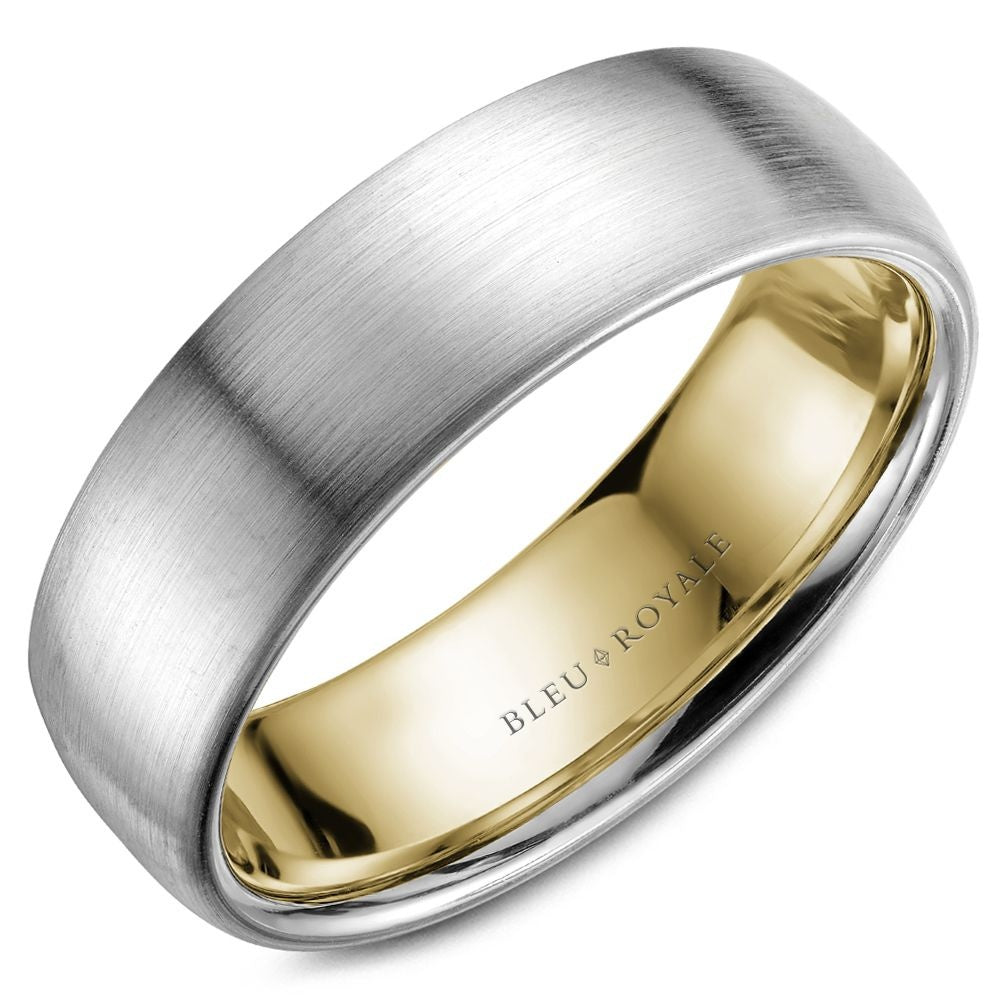 Bleu Royale Men's Wedding Band - 14K White Gold and Yellow Gold with Sandpaper Finish and Polished Interior - 6.5mm Width from the Legacy Collection