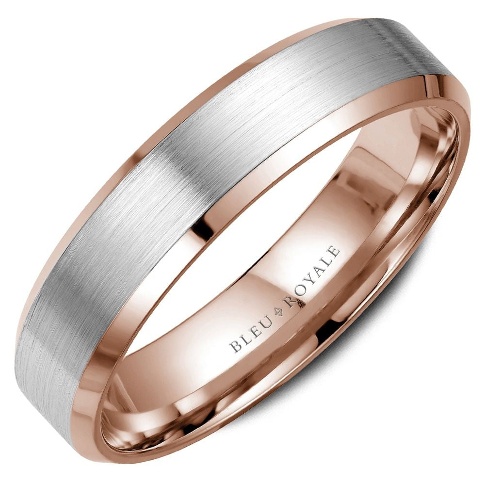 Bleu Royale Men's Wedding Band - 14K White Gold and Rose Gold with Sandpaper Top and High Polish Bevel Edges - 5mm Width from the Legacy Collection
