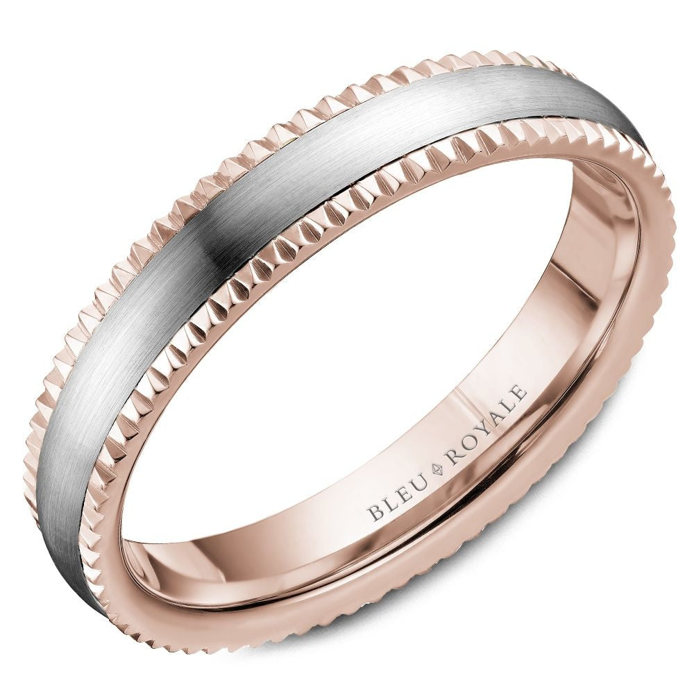 Bleu Royale Men's Wedding Band - 14K White Gold and Rose Gold with Sandpaper Top and Serrated High Polish Edges - 4.5mm Width from the Legacy Collection