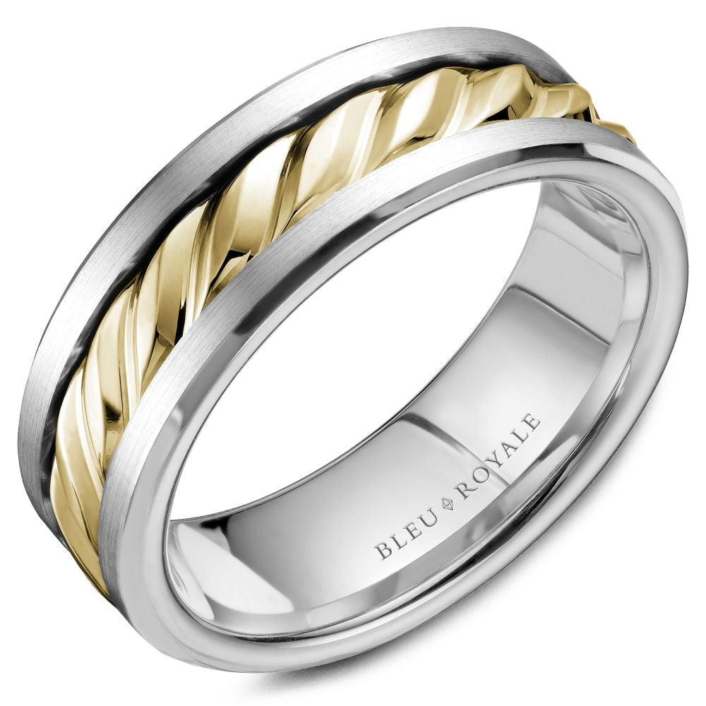 Bleu Royale Men's Wedding Band - 14K Yellow Gold and White Gold with Twisted Rope Center and Sandpaper Finish - 7.5mm Width from the Legacy Collection