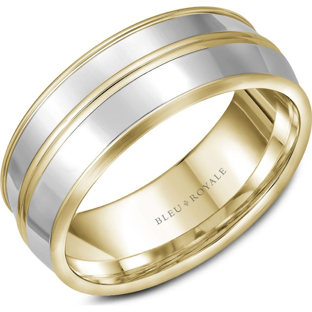 Bleu Royale Men's Wedding Band - 14K Two-Tone Gold with White Gold Center and Yellow Gold Stepped Edges - 8.5mm Width from the Legacy Collection