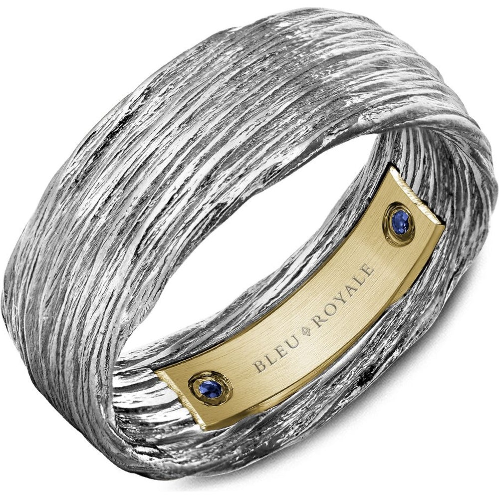Bleu Royale Men's Wedding Band - 14K White Gold and Yellow Gold with Wire Pattern and Blue Sapphire Interior - 0.04 Carat Total Sapphire Weight - 8mm Width from the Distinct Collection