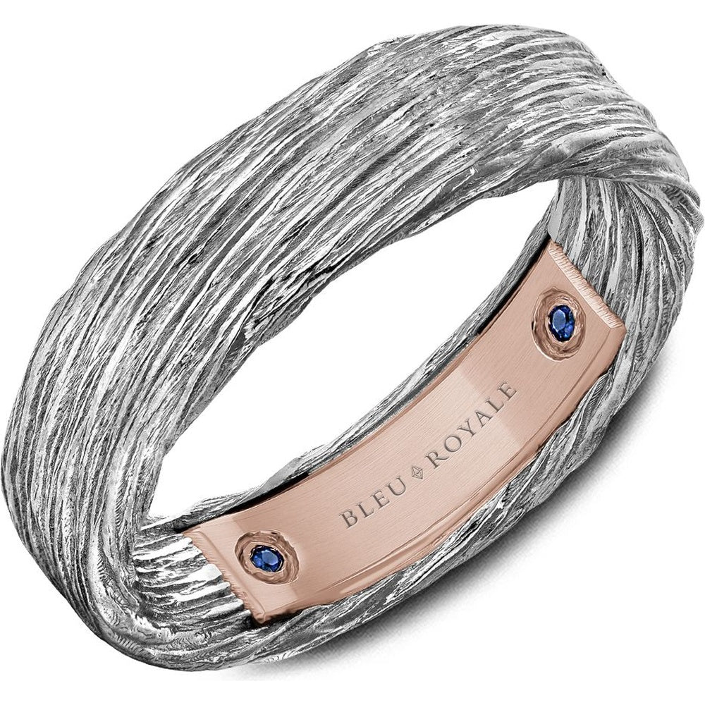 Bleu Royale Men's Wedding Band - 14K White Gold and Rose Gold Woven Wire with Bezel-Set Blue Sapphires- 0.04 Carat Total Sapphire Weight - 6mm Width from the Distinct Collection