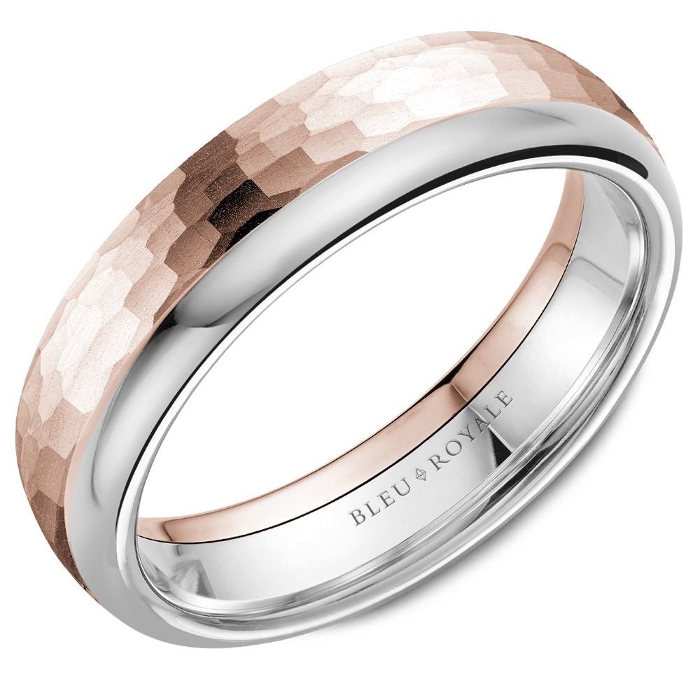 Bleu Royale Men's Wedding Band - 14K Two-Tone Rose and White Gold Hammered - 6mm Width from the Legacy Collection