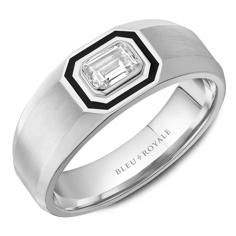 Bleu Royale Men's Wedding Band - 14K White Gold & Black Enamel with Bezel-Set Emerald Cut Diamond - 0.5ct - 8mm Width from the Diamond Collection