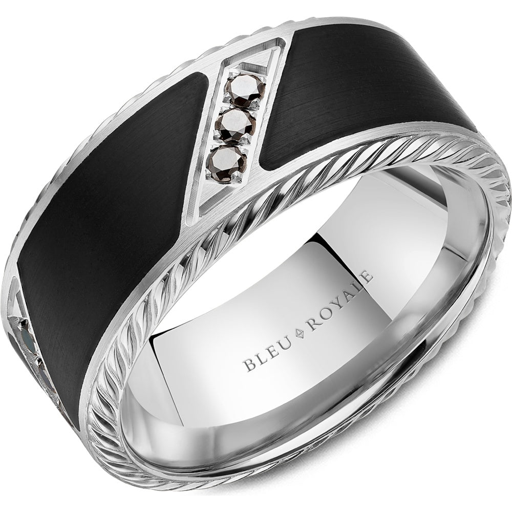 Bleu Royale Men's Wedding Band - 14K White Gold & Black Enamel with Black Round Diamonds - 0.34 Carat Total Diamond Weight - 9.5mm Width from the Diamond Collection