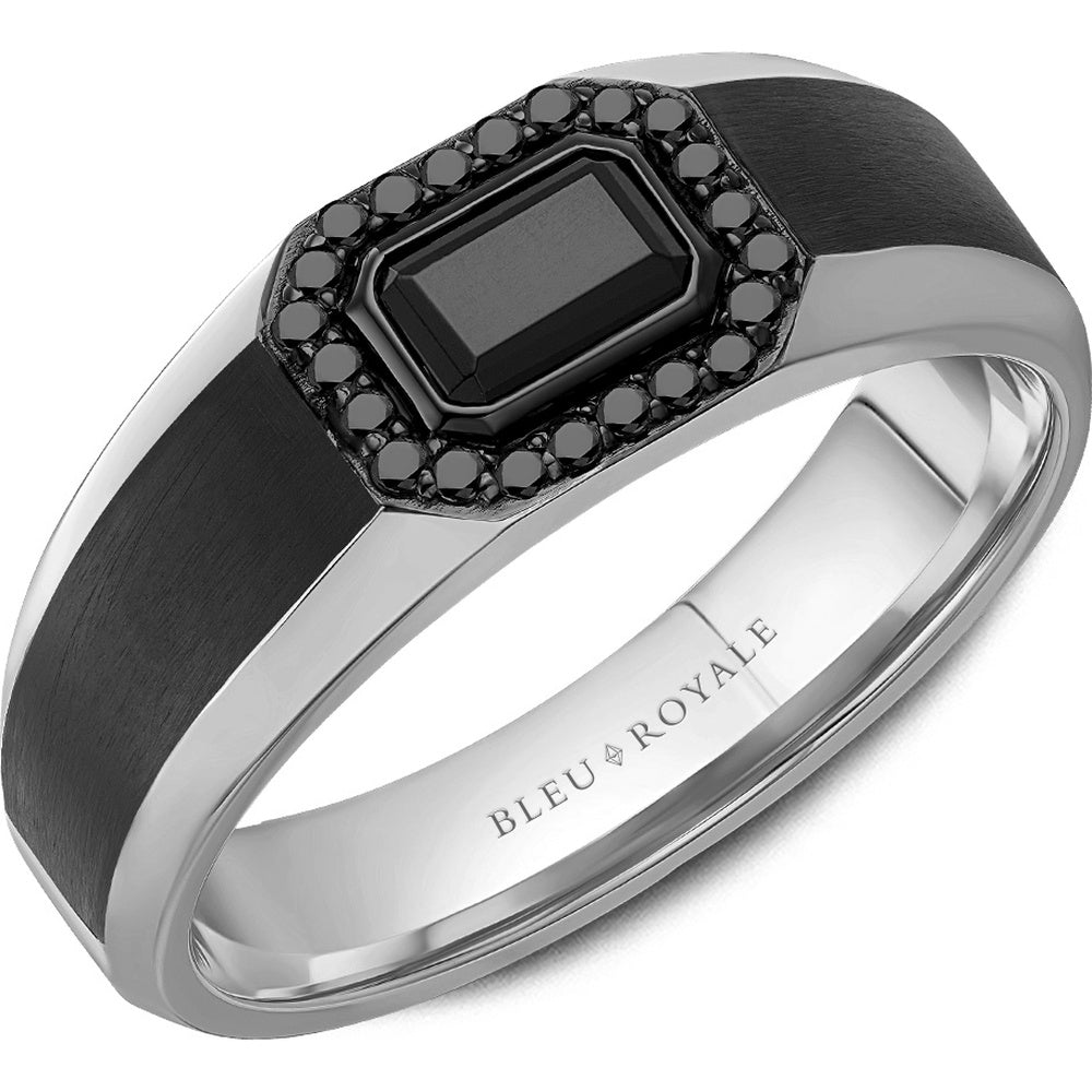 Bleu Royale Men's Wedding Band - 14K White Gold & Enamel with Black Emerald-Cut Center and Black Diamond Halo- 0.88 Carat Total Gem Weight - 8mm Width from the Diamond Collection