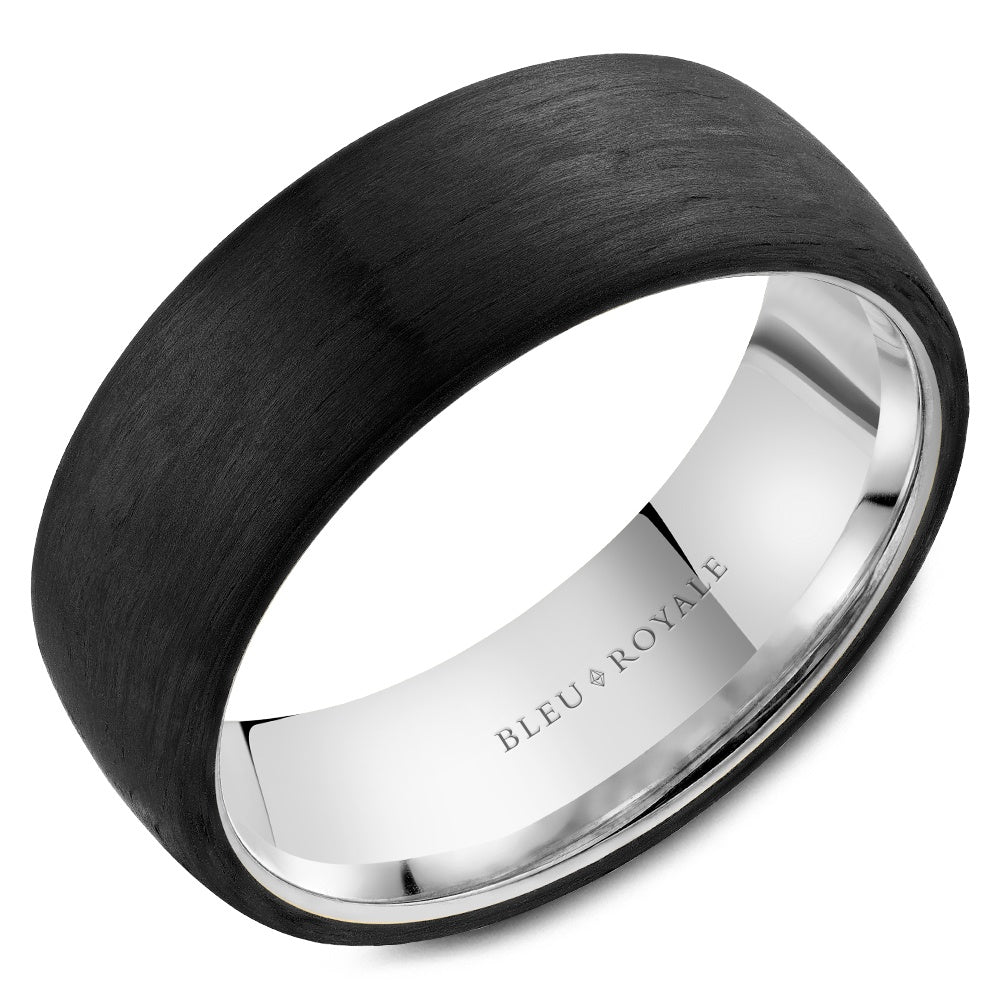 Bleu Royale Men's Wedding Band - 14K White Gold & Forged Carbon Fiber Domed- Two-Tone Modern Design - 7.5mm Width from the Distinct Collection