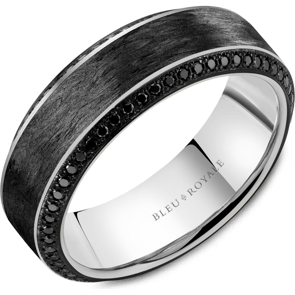 Bleu Royale Men's Wedding Band - 14K White Gold & Forged Carbon Fiber with Black Pavé Diamonds - 0.71 Carat Total Diamond Weight - 7.5mm Width from the Diamond Collection
